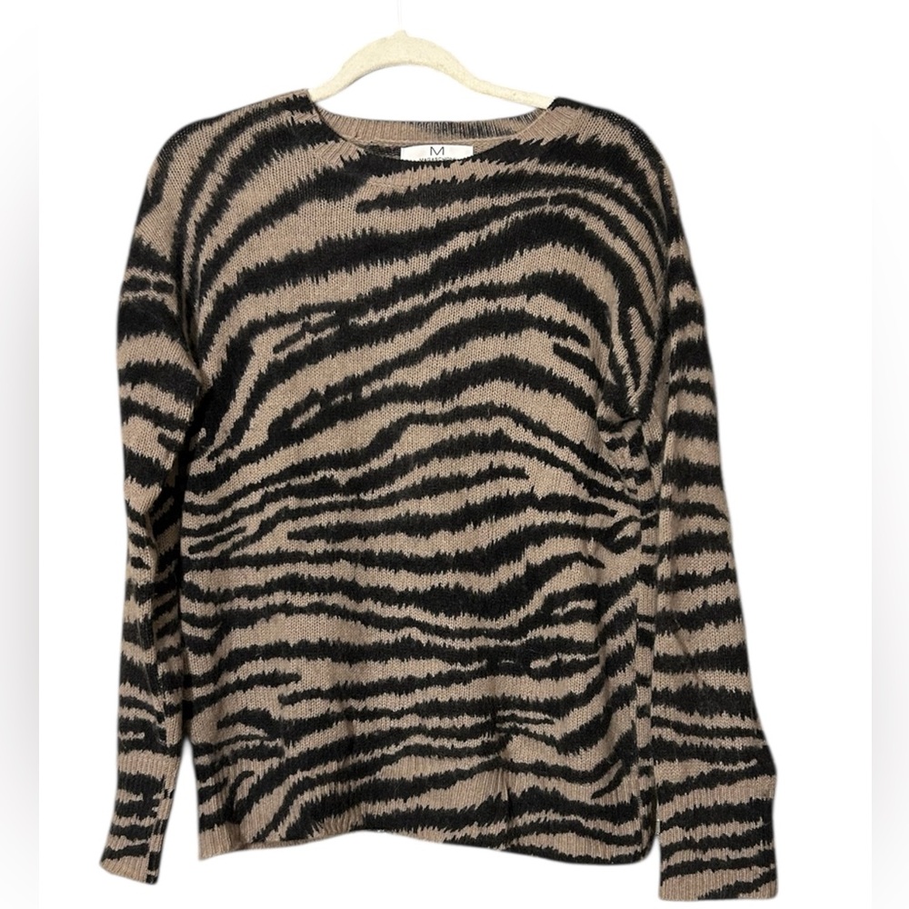 MAGASCHONI CASHMERE Zebra-Print Crewneck Sweater in Taupe & Black Soft Cozy